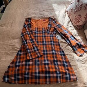 NWT STAUD Orange and Navy Plaid Dress